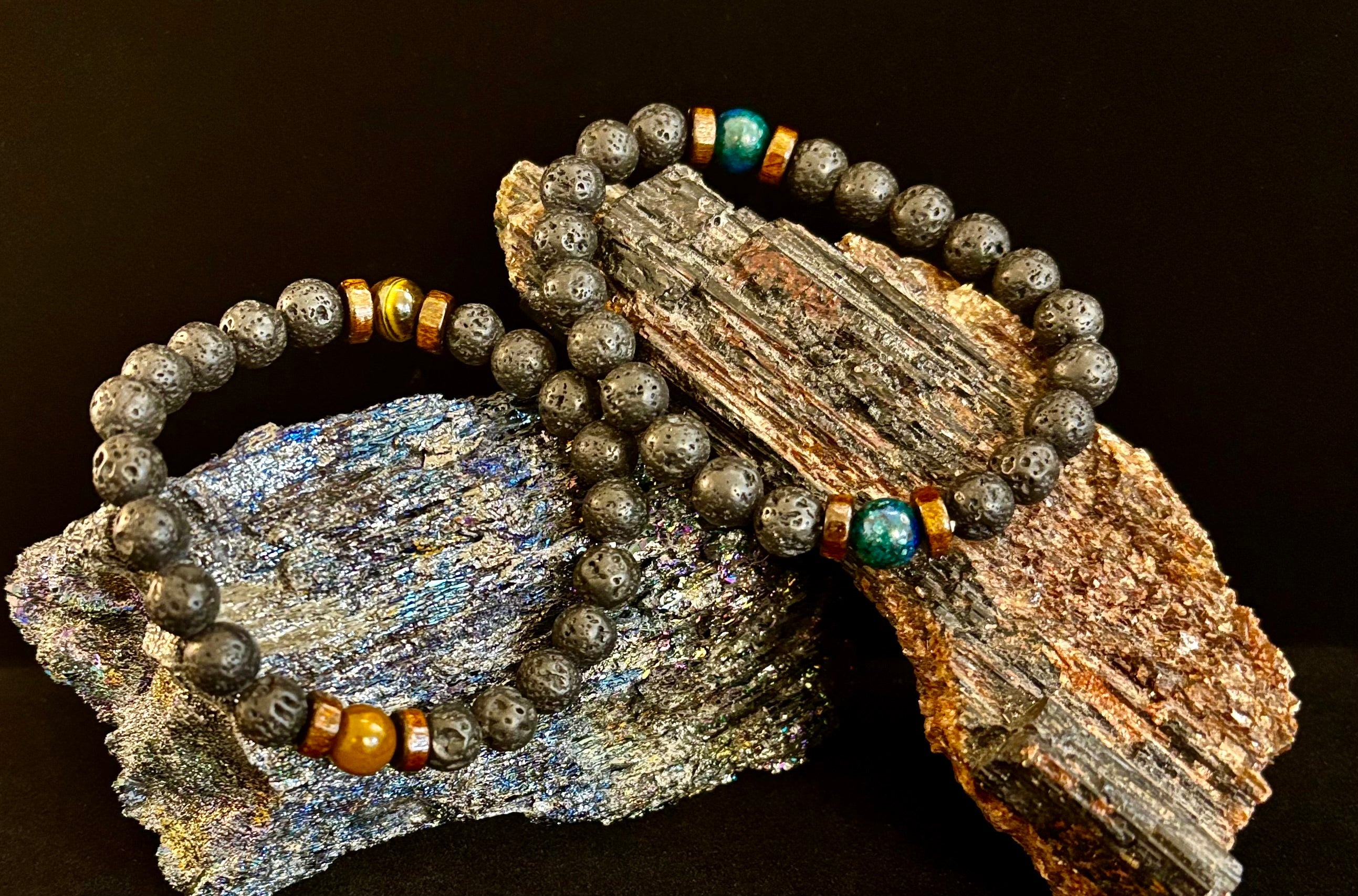 Men’s Lava Rock & Black Stone Bracelet – Natural Blue, Gray or Brown Accent Stones | Medium–Large Wrist