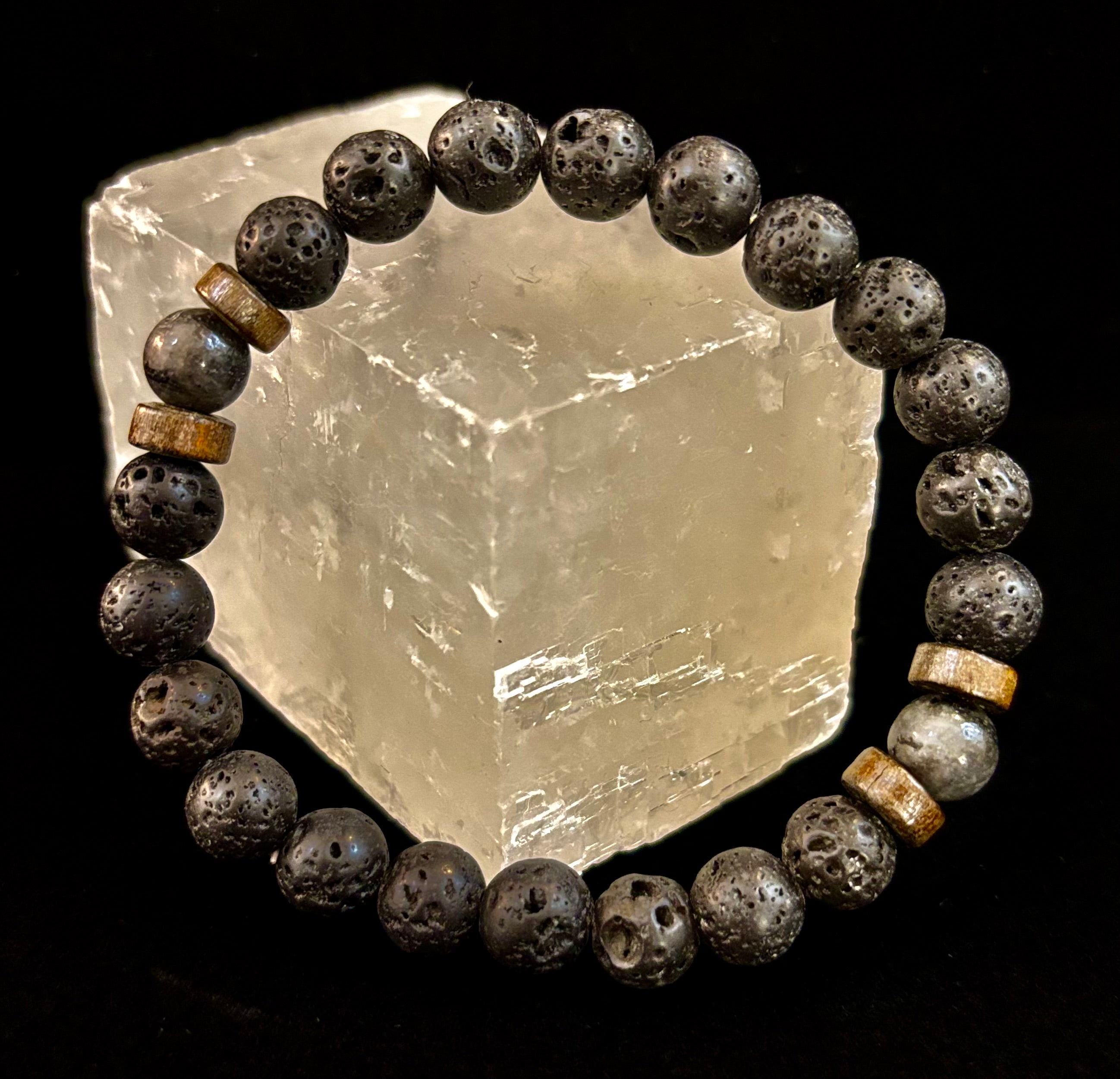 Men’s Lava Rock & Black Stone Bracelet – Natural Blue, Gray or Brown Accent Stones | Medium–Large Wrist